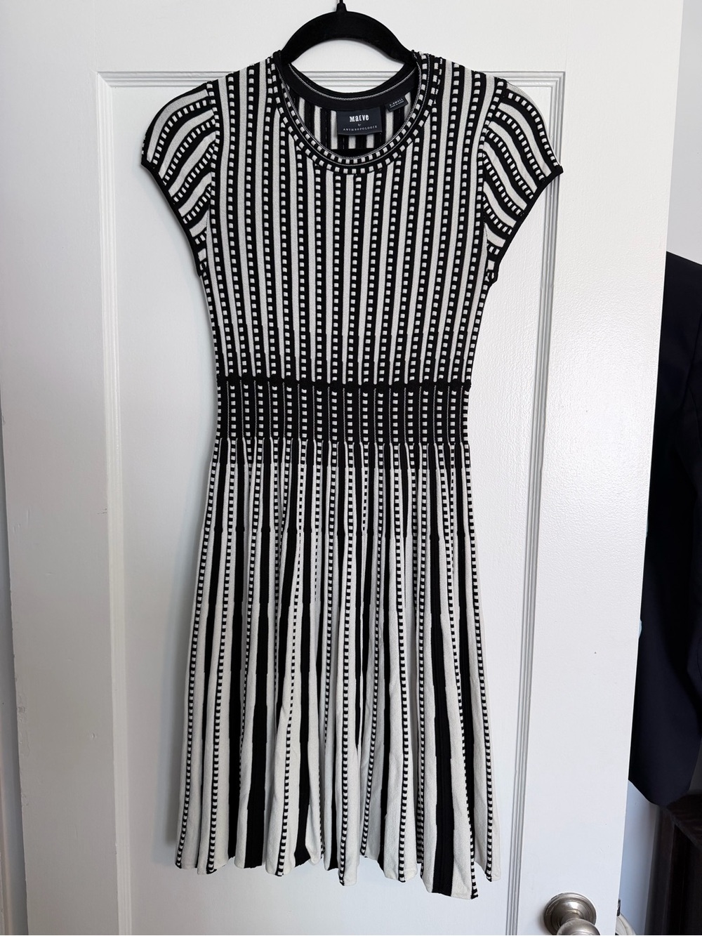 Anthropologie Black and White Striped Fit-Flare Knit Dress